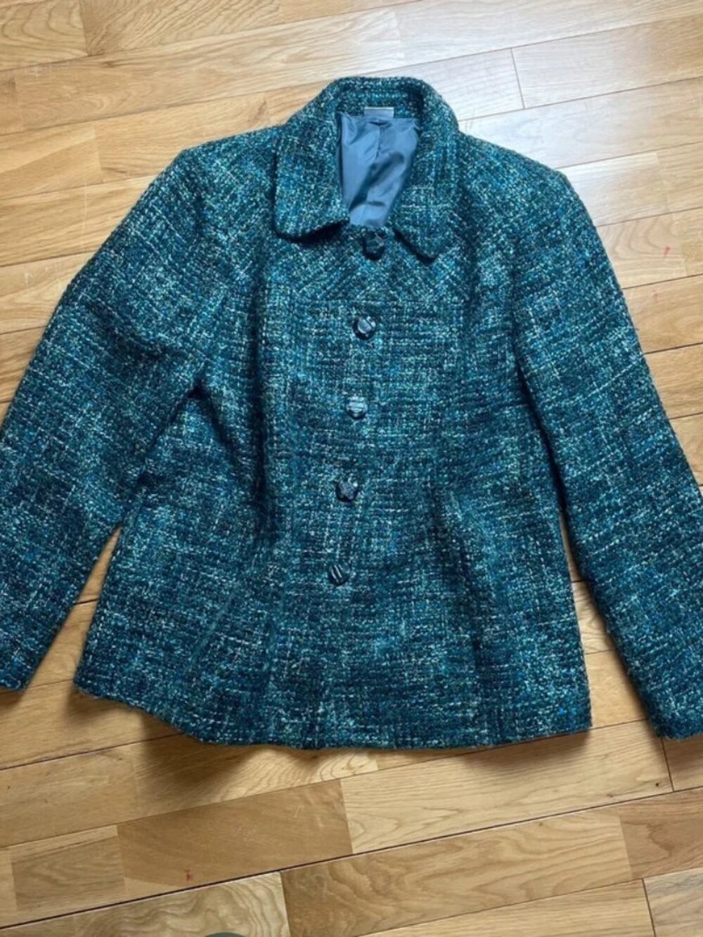 Damart cottagecore tweed style jacket Size S green blue wool blend countryside c